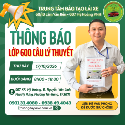 THÔNG BÁO LỊCH HỌC 600 CÂU LÝ THUYẾT THÁNG 10/2026